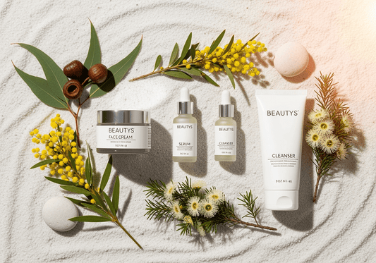 Australian-made skincare products including face cream, serum, and cleanser surrounded by natural elements.