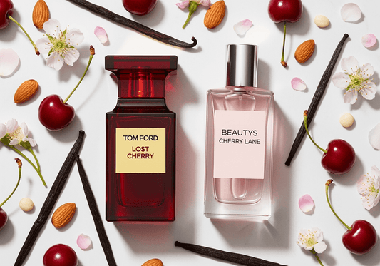 Tom Ford Lost Cherry and Beauty's Cherry Lane perfumes surrounded by cherries, flowers, and vanilla pods.