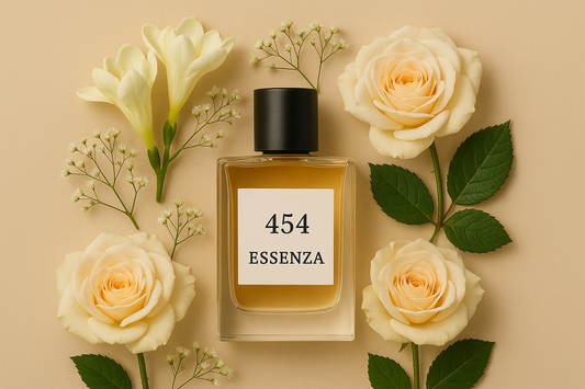 Perfume bottle labeled 454 Essenza surrounded by cream roses, white freesias, and baby’s breath on a beige background, symbolising Beautys’ handcrafted Australian-made perfumes.