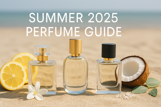 Best summer perfumes Australia – sunlit flat lay of citrus, jasmine, coconut and elegant perfume bottles for Beautys blog hero image.