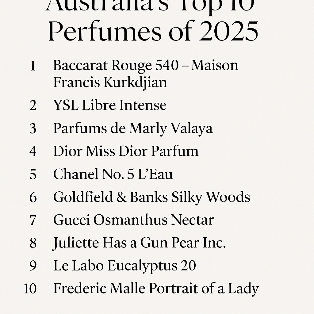 List of Australia's Top 10 Perfumes of 2025 featuring popular scents and brands.