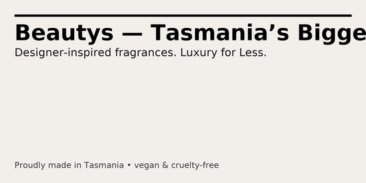 Beautys perfume bottle with gold cap on a beige background, promoting Beautys as Tasmania’s leading dupe perfume brand offering luxury fragrances for less, proudly made in Tasmania.