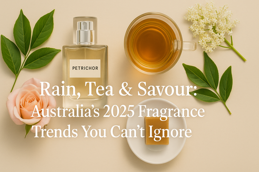Perfume bottle with tea, rose, caramel, and leaves symbolising 2025 Australian fragrance trends.