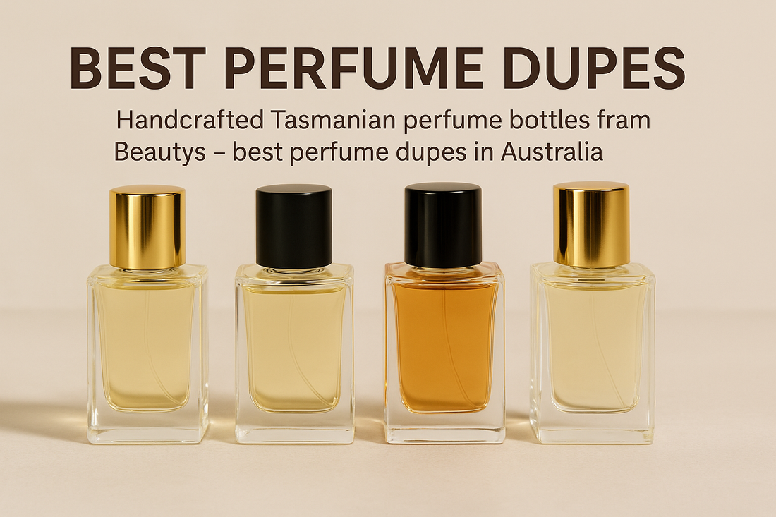 Handcrafted Tasmanian perfume bottles from Beautys displayed in a row with gold and black caps, showcasing the best perfume dupes in Australia on a neutral beige background.