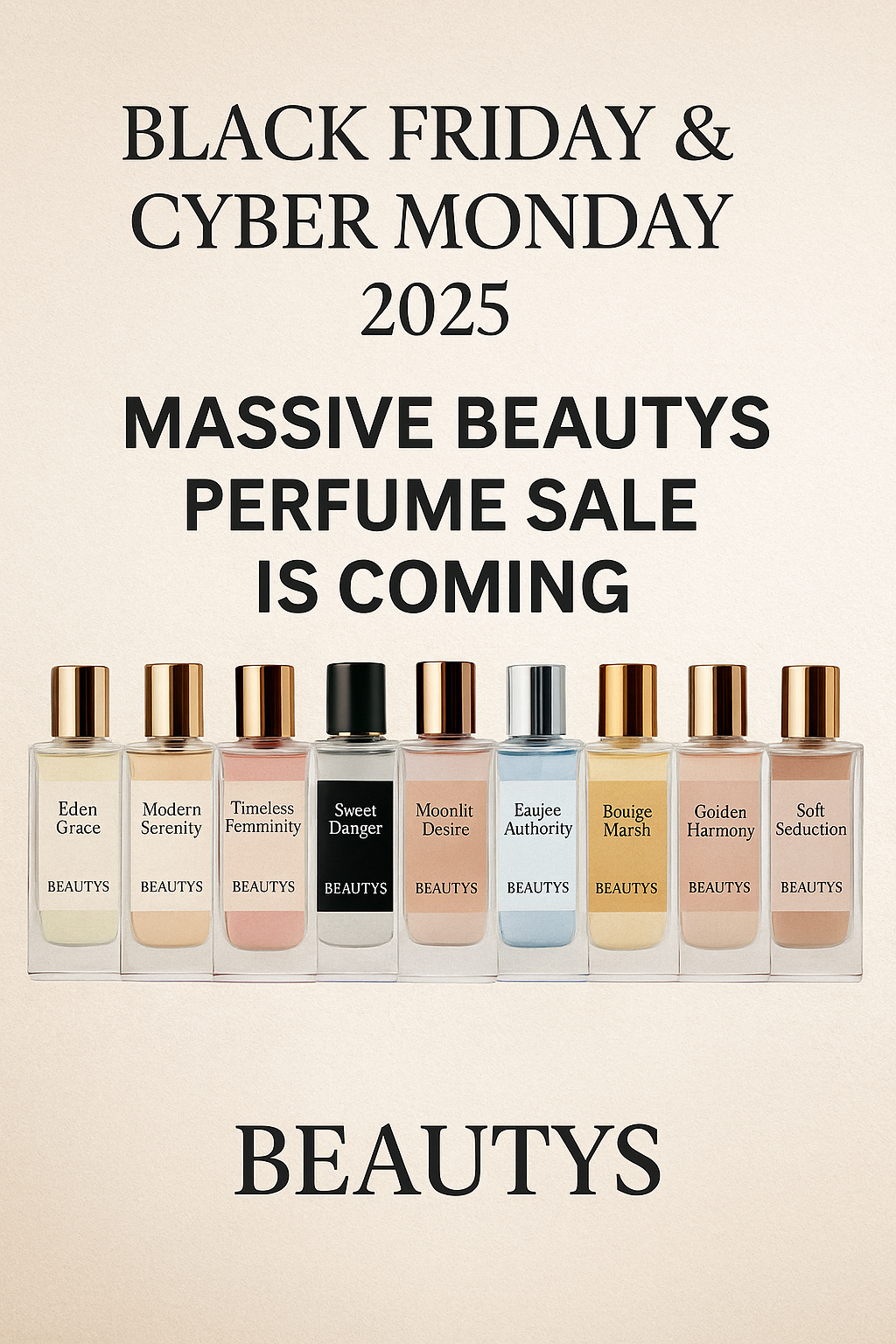 Beautys Black Friday and Cyber Monday 2025 perfume sale banner showing elegant black and gold design with perfume bottles, promoting Tasmanian-made handcrafted fragrances and highlighting huge discounts across new 2025 Beautys perfumes.