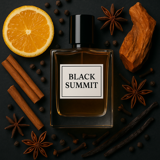 Perfume bottle labeled “Black Summit” surrounded by citrus fruit, spices, and amber wood on a dark background, symbolising the bold and handcrafted nature of Beautys’ Australian-made cologne.
