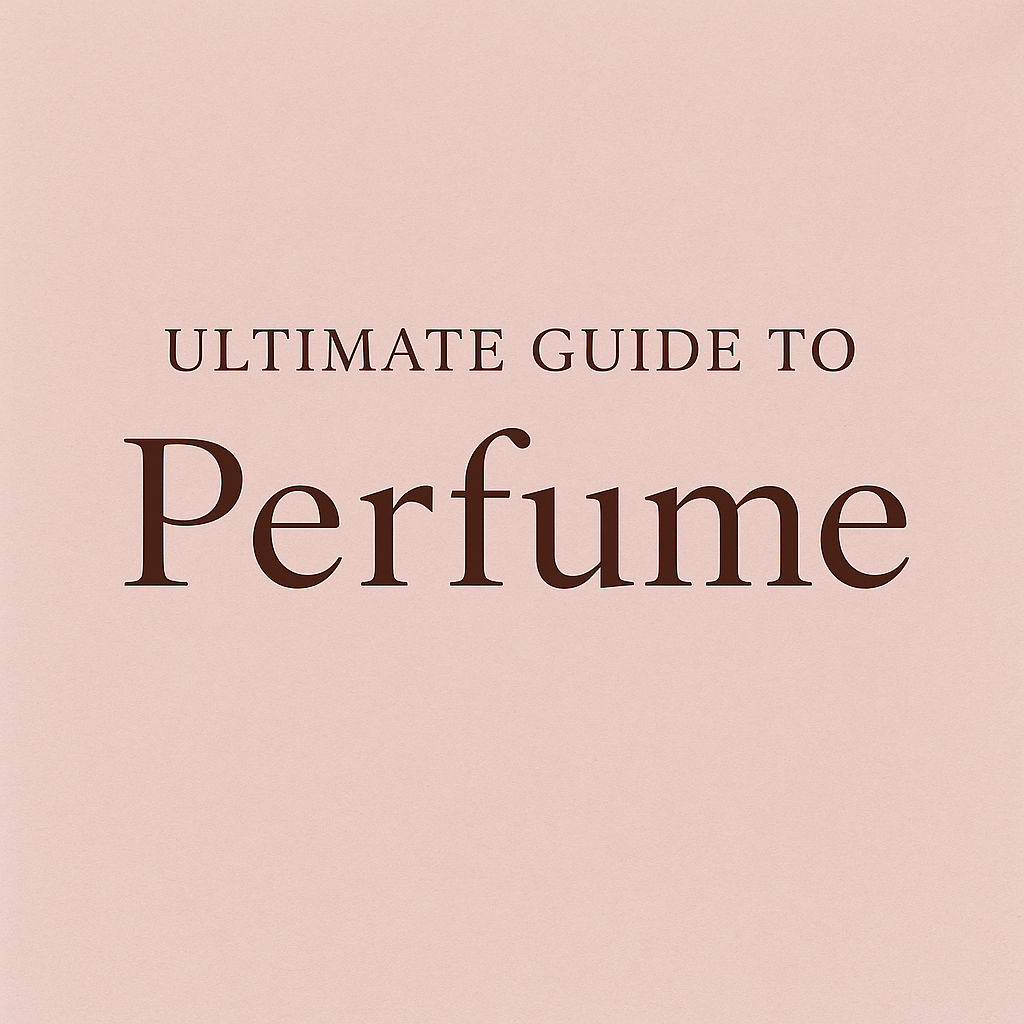 Minimalist blush pink background with elegant serif text reading “Ultimate Guide to Perfume” in deep brown, styled for Beautys’ cornerstone blog banner.