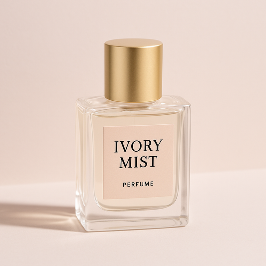 Ivory Mist Perfume bottle – a handcrafted, Australian-made fragrance by Beautys with a soft ivory label, gold cap, and minimalist design, photographed against a light beige background.