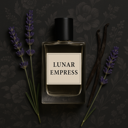 Perfume bottle labeled Lunar Empress surrounded by lavender sprigs and vanilla pods on a dark floral background, symbolising Beautys’ handcrafted Australian-made perfume.