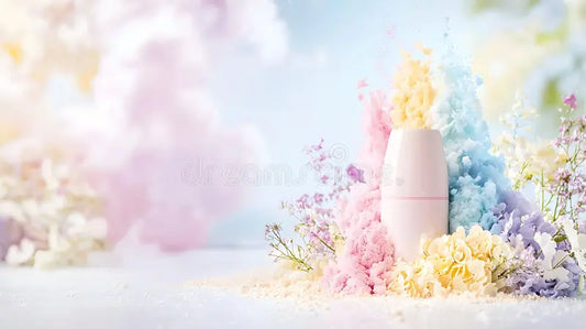 Perfume bottle with pastel flowers representing handcrafted Australian-made fragrances by Beautys, showcasing artisan and cruelty-free perfumery.