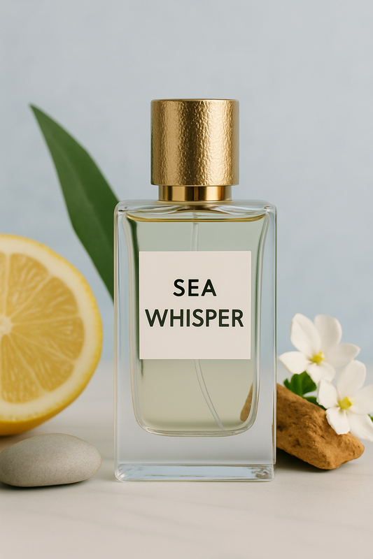 Sea Whisper Perfume bottle – handcrafted Australian-made extrait inspired by Light Blue, photographed with soft coastal tones and misty ocean-inspired background.
