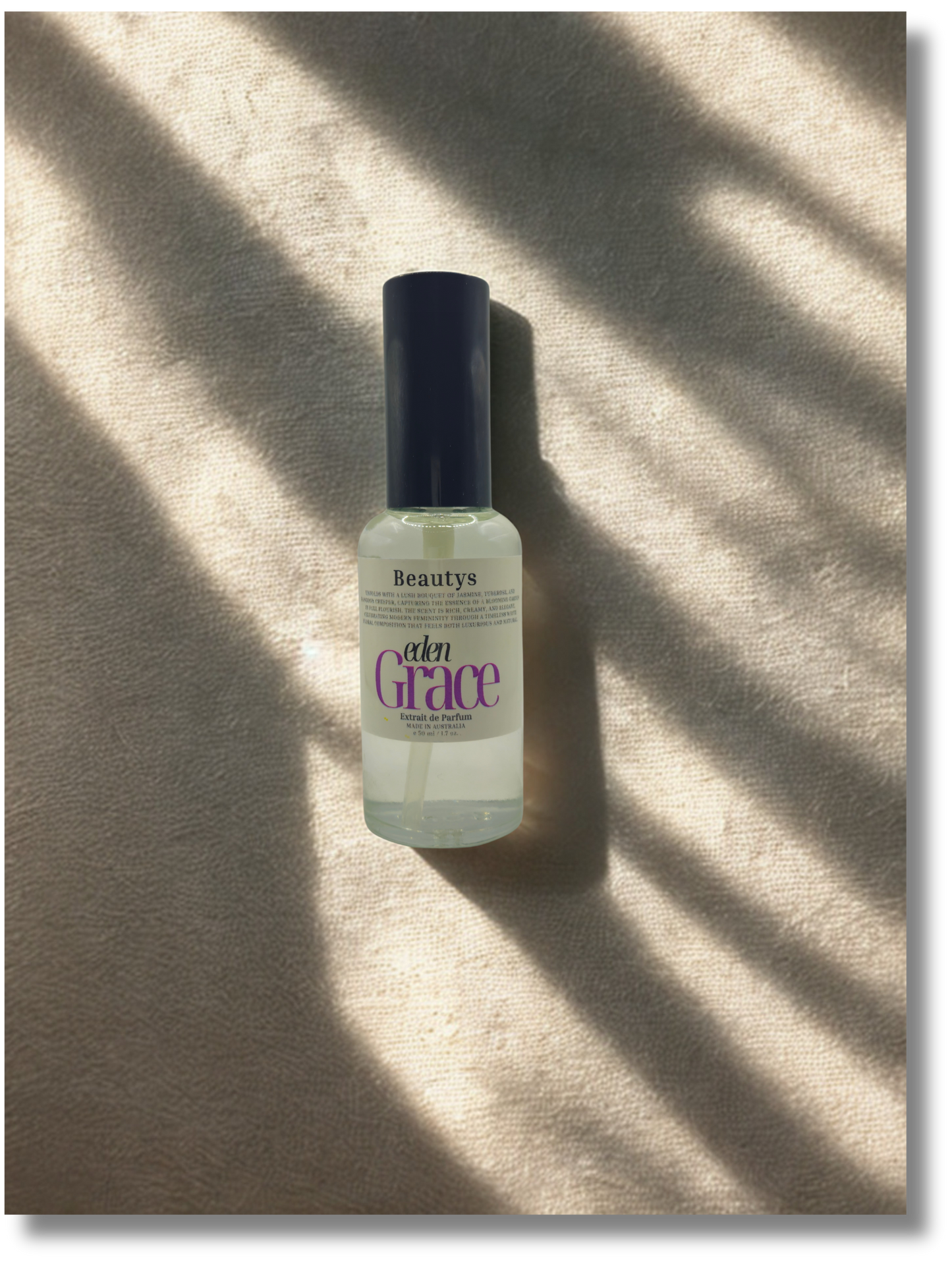 Eden Grace perfume bottle by Beautys Tasmania, handcrafted floral fragrance for women.