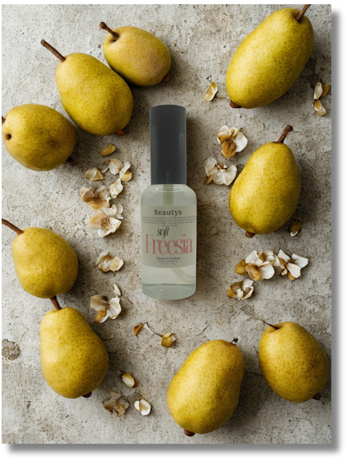 Freesia nail polish bottle surrounded by pears on a textured surface