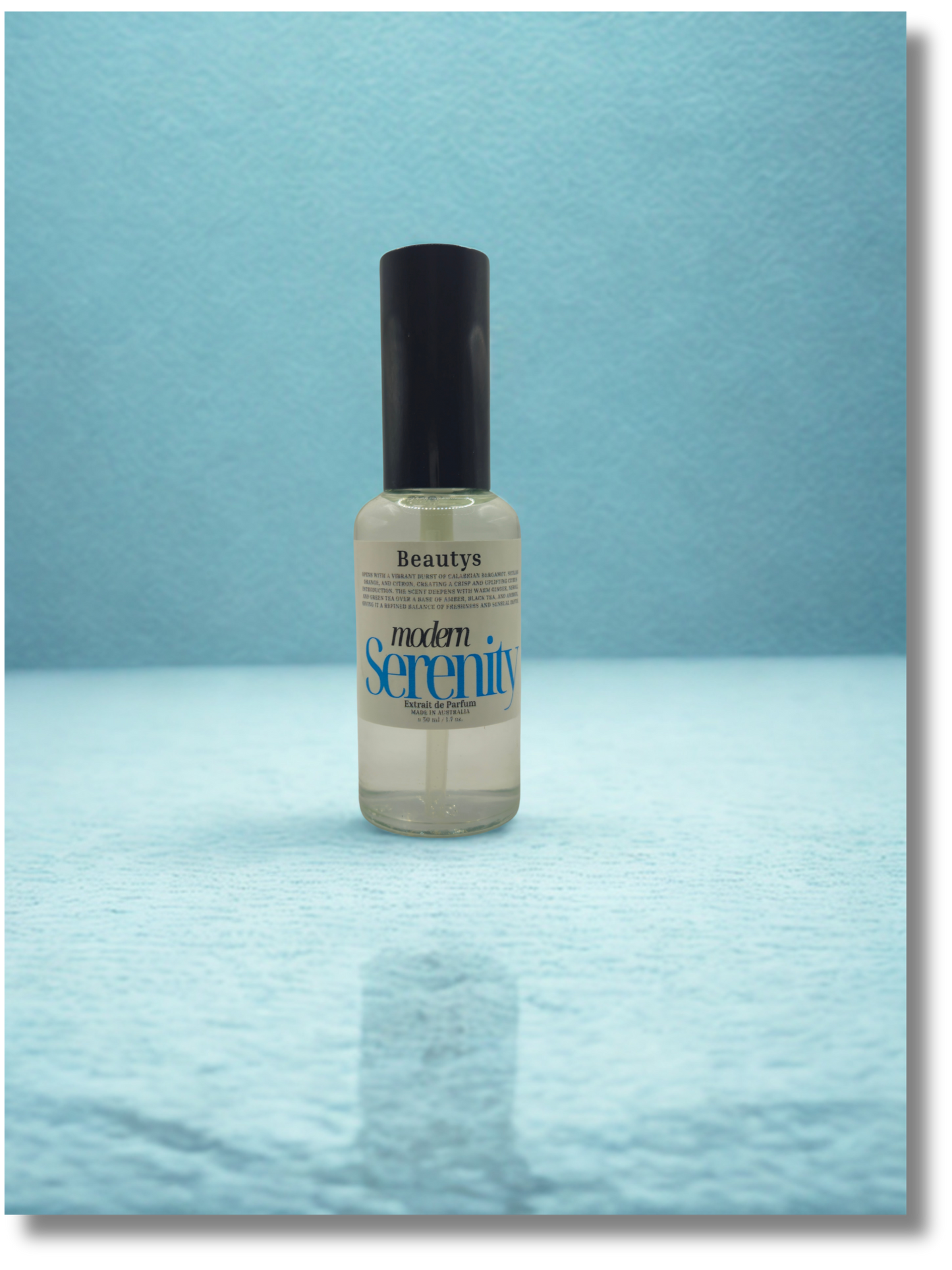 Close-up of Beautys Modern Serenity cologne, Tasmanian-made cruelty-free men’s fragrance.