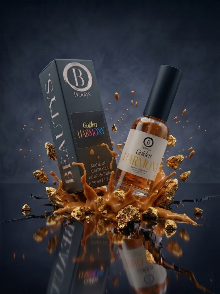 Bottle and packaging of 'Golden Harmony' with gold elements on a dark background