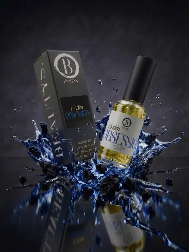 Beautys Hidden Obsession perfume bottle with elegant black and gold design on a white background