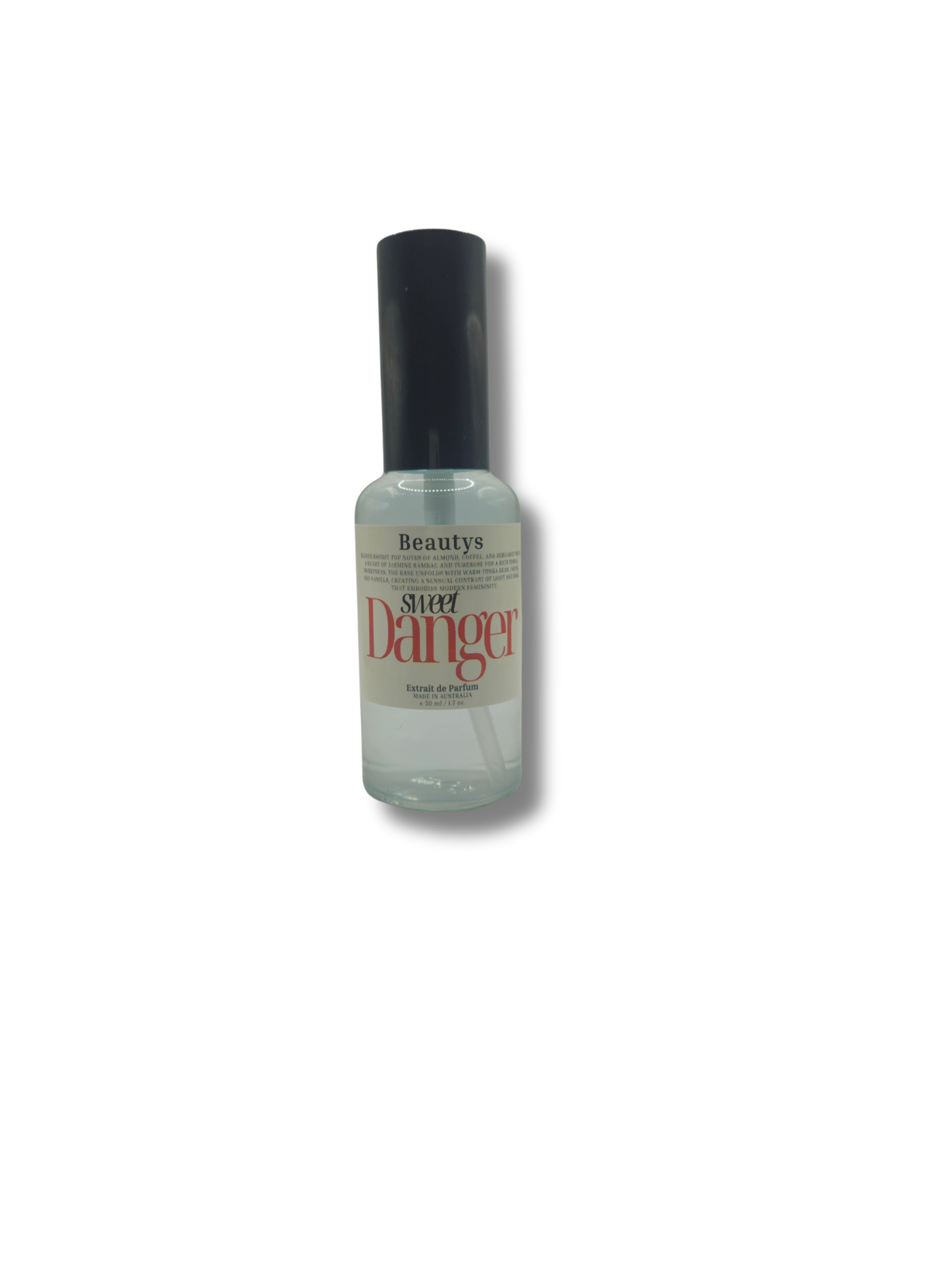 Beautys Sweet Danger perfume bottle, feminine scent with notes of jasmine, almond, and cocoa.