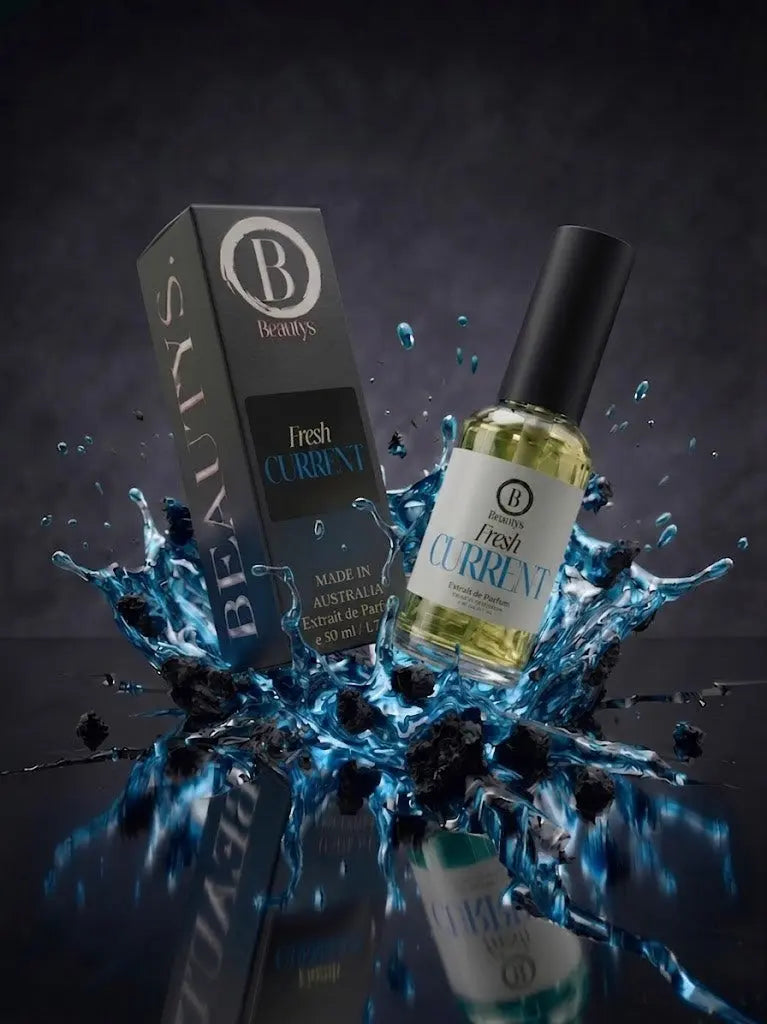 Fresh Current by Beautys skincare product bottle with white and blue packaging, featuring a pump dispenser and clean design.