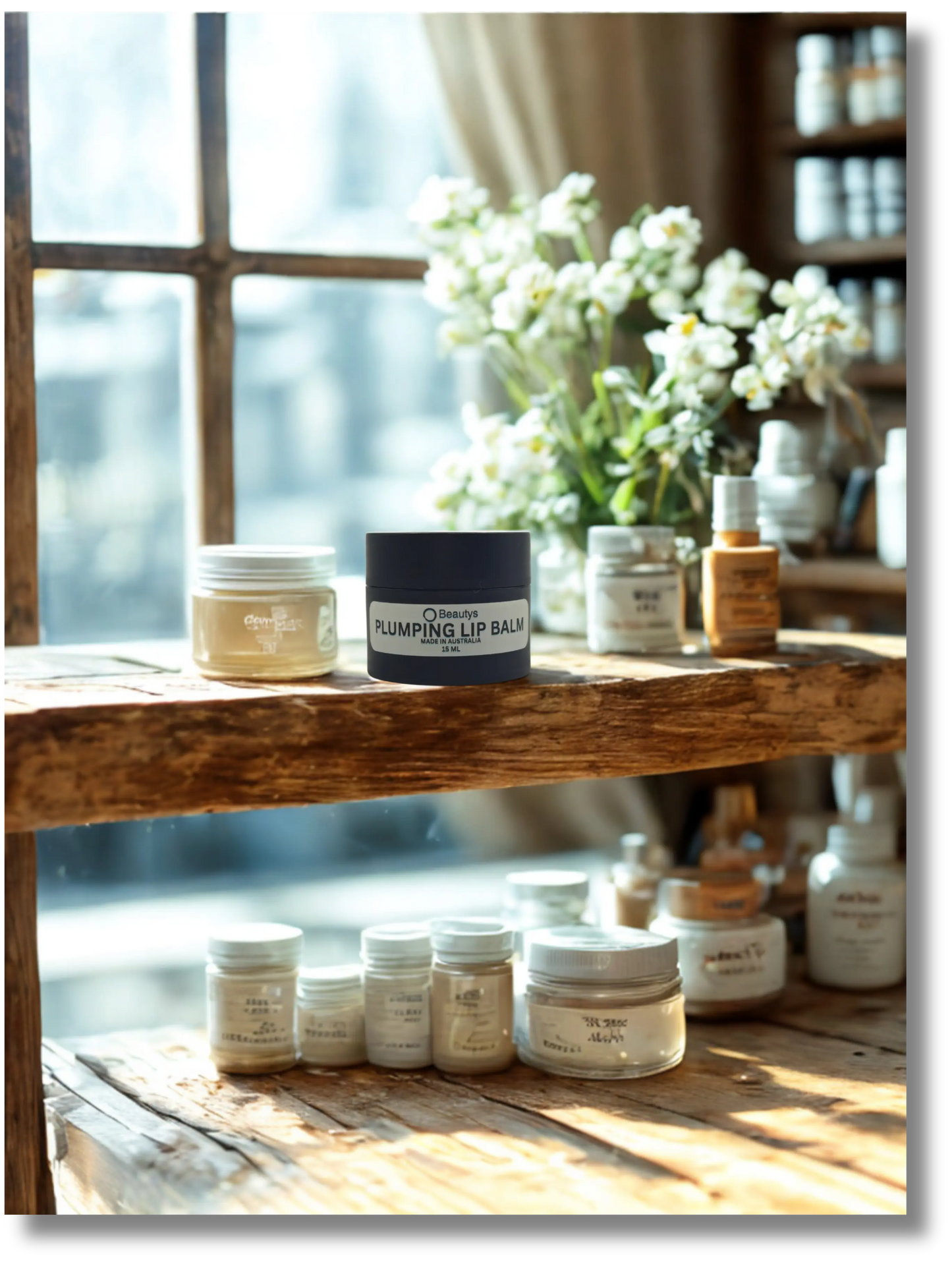 Beautys plumping lip balm enhancer with smooth, moisturizing texture and subtle shine on lips.