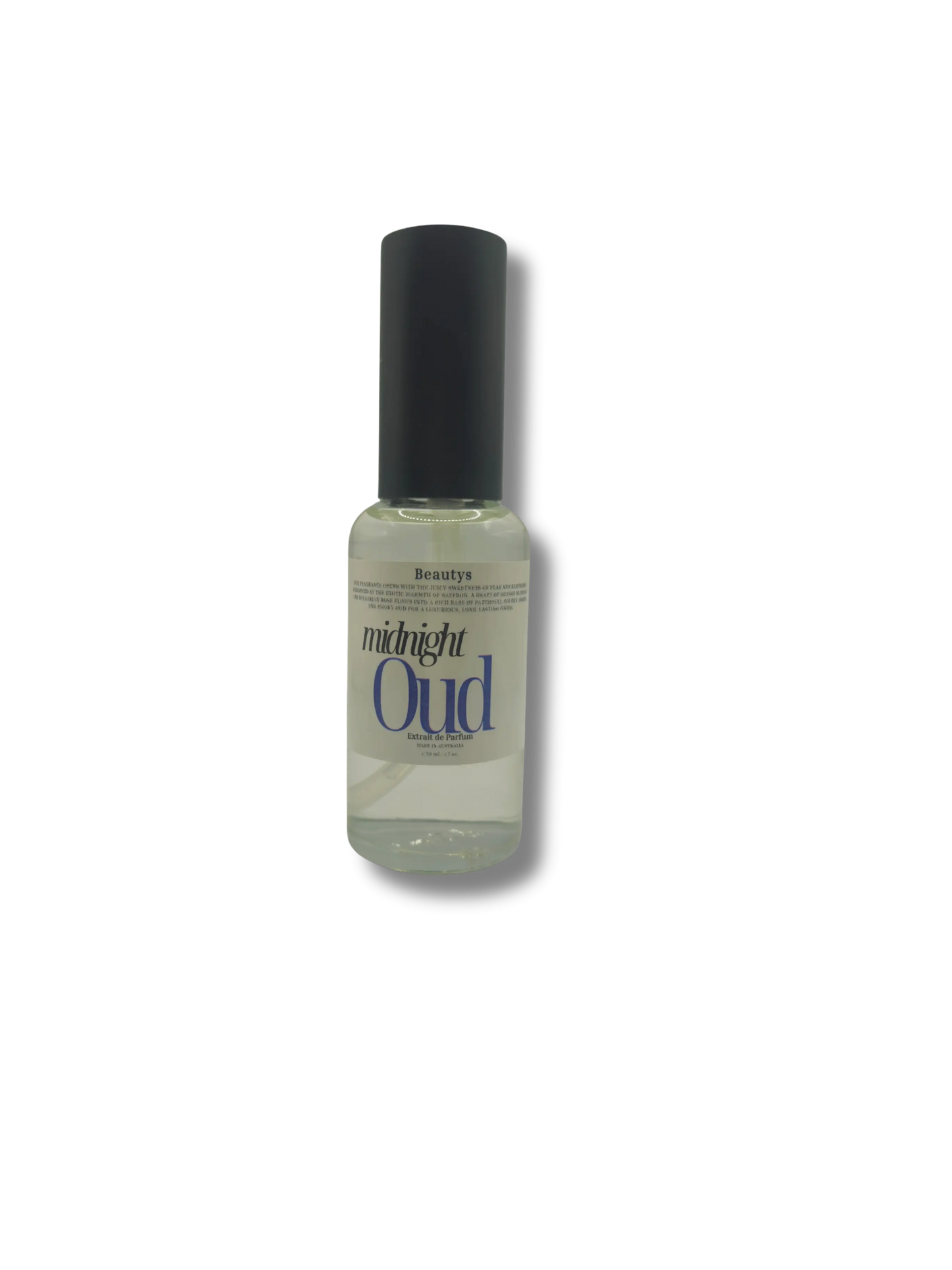 Elegant bottle of Beautys Midnight Oud perfume with a sleek black design and gold accents, showcasing a luxurious fragrance.