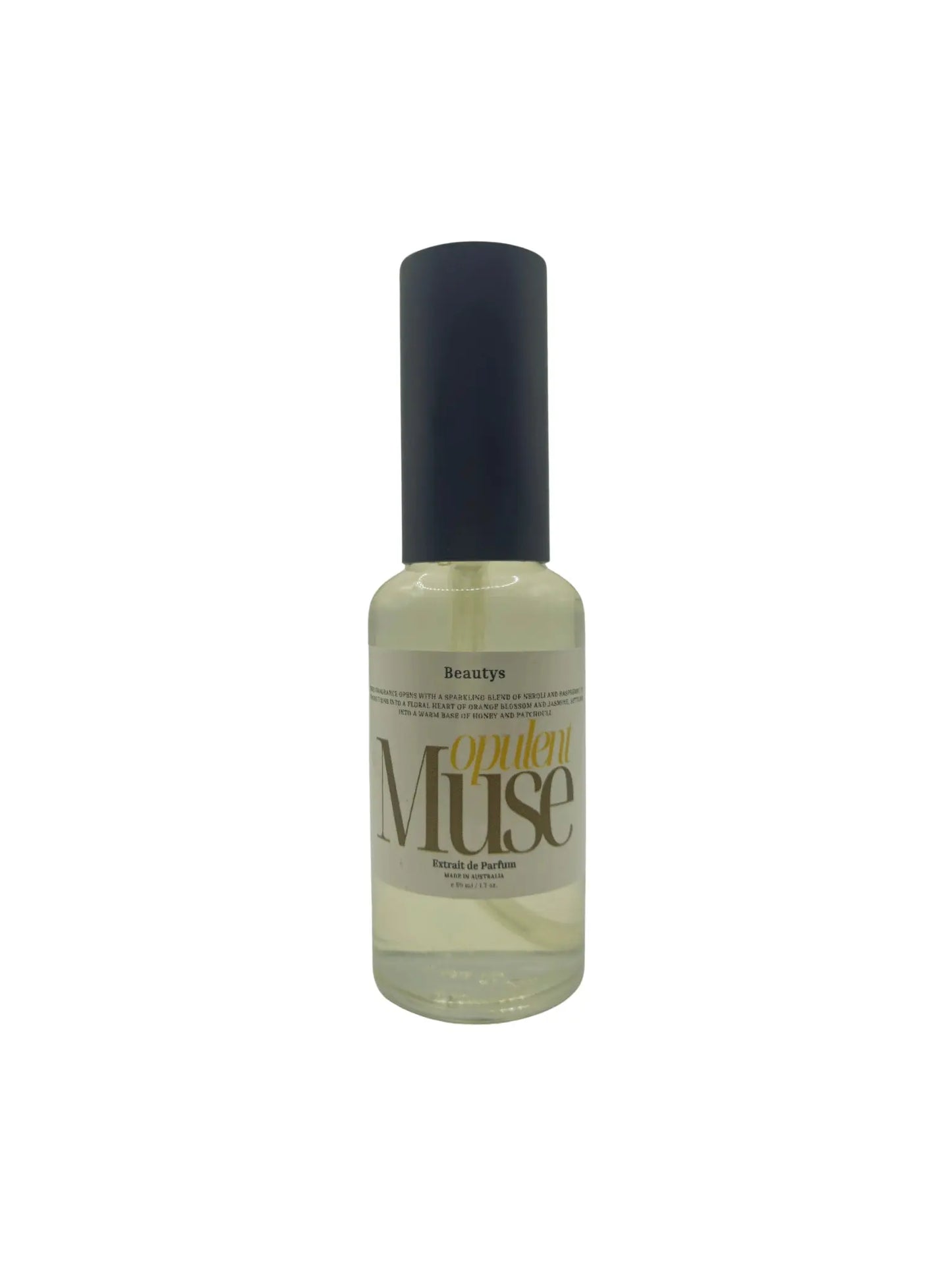 Beautys Opulent Muse perfume bottle with elegant gold accents and decorative cap, showcasing a luxurious fragrance container.