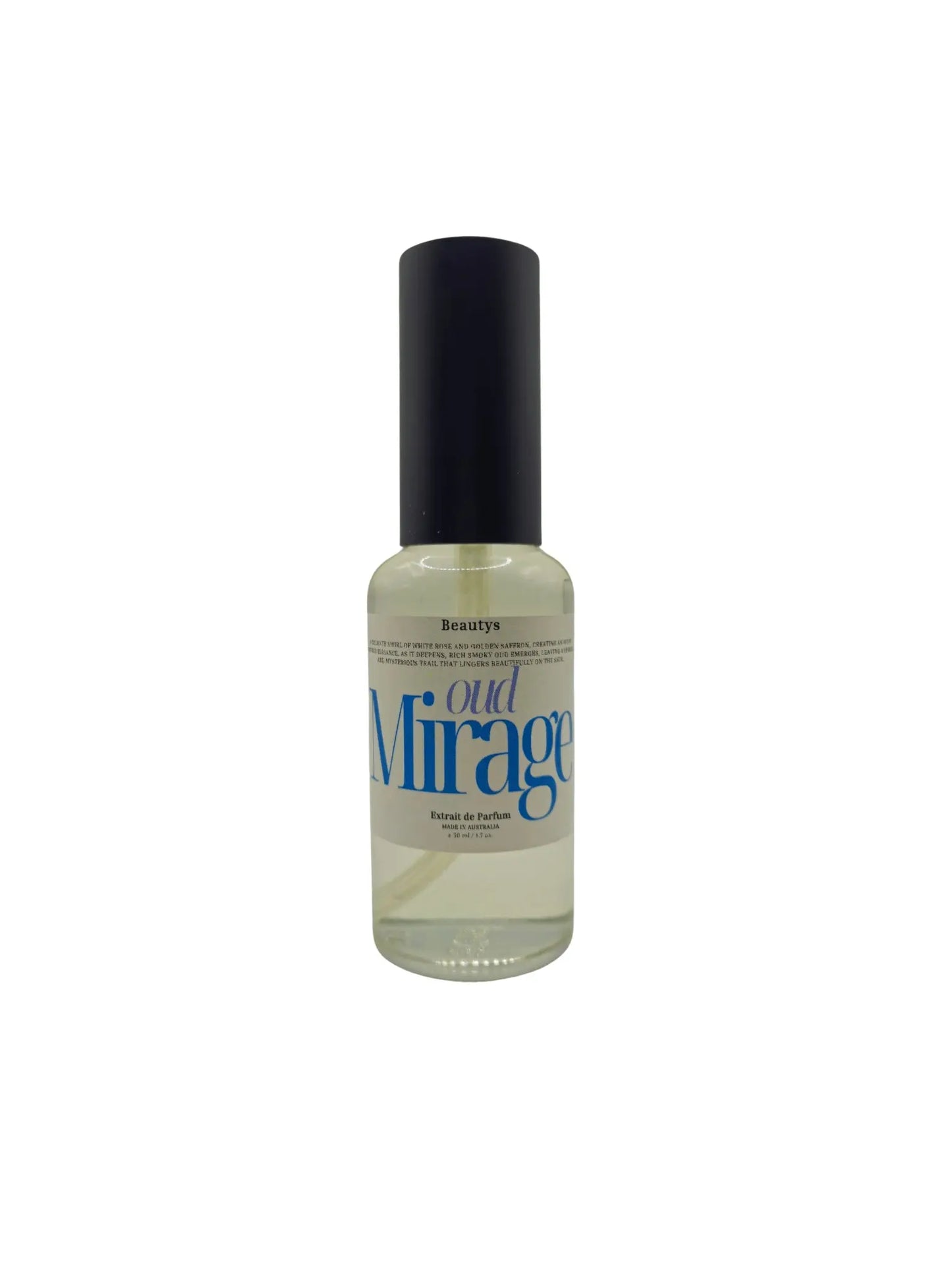 Elegant display of Oud Mirage perfume bottle by Beautys, featuring a sleek design and luxurious fragrance essence.