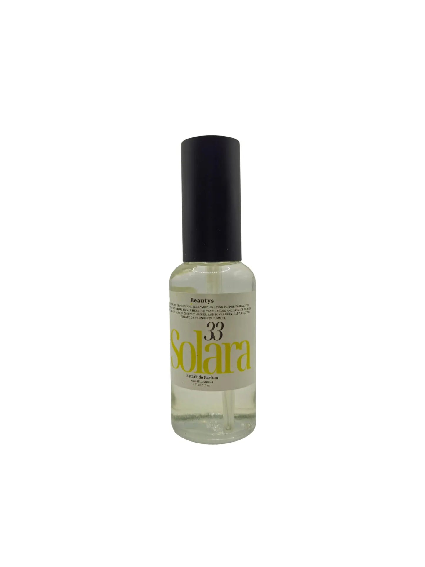 Beautys Solara 33 perfume bottle with sleek design and golden accents, showcased against a neutral background.