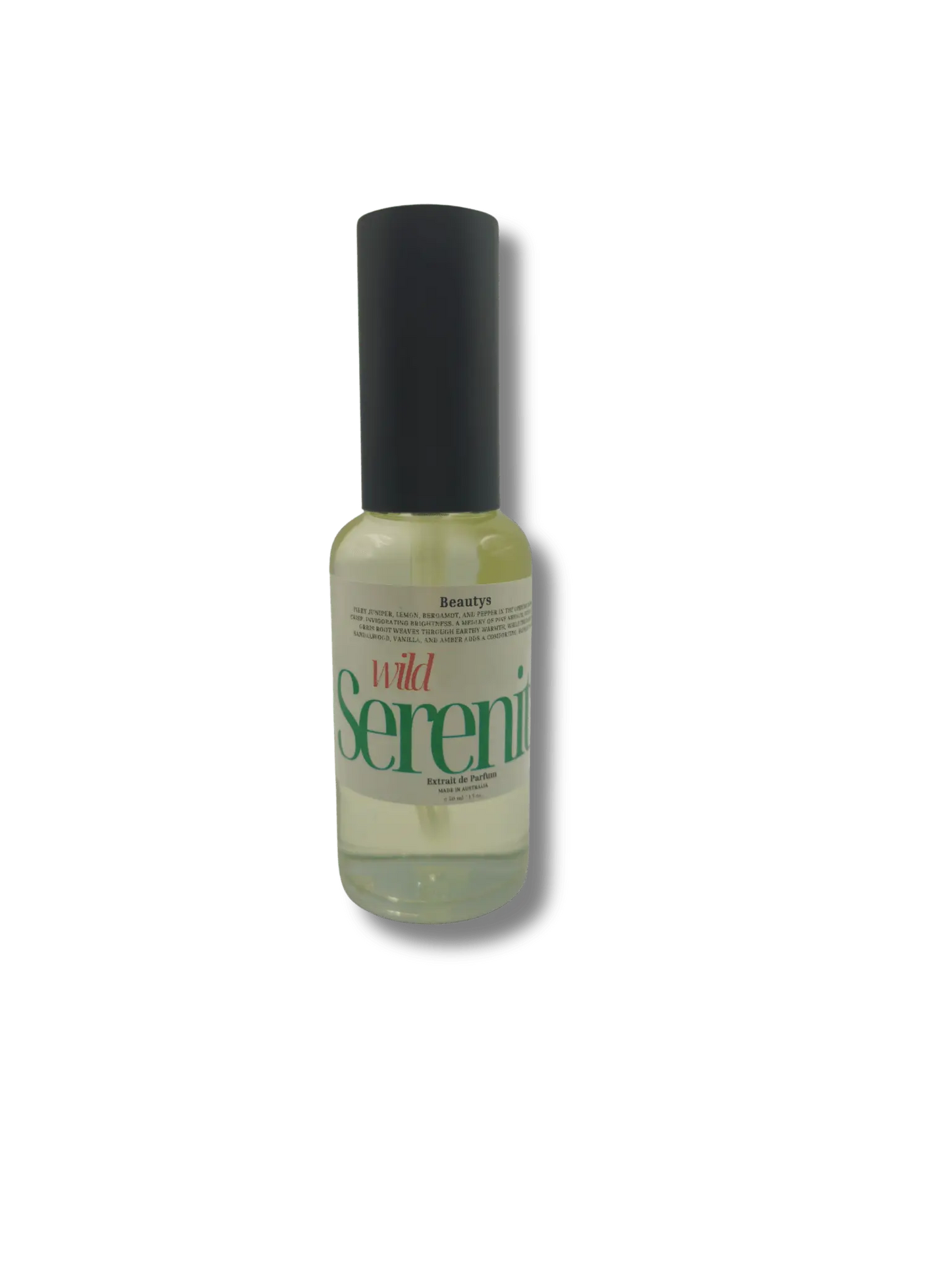 Wild Serenity perfume bottle by Beautys with elegant floral design and sleek glass finish.
