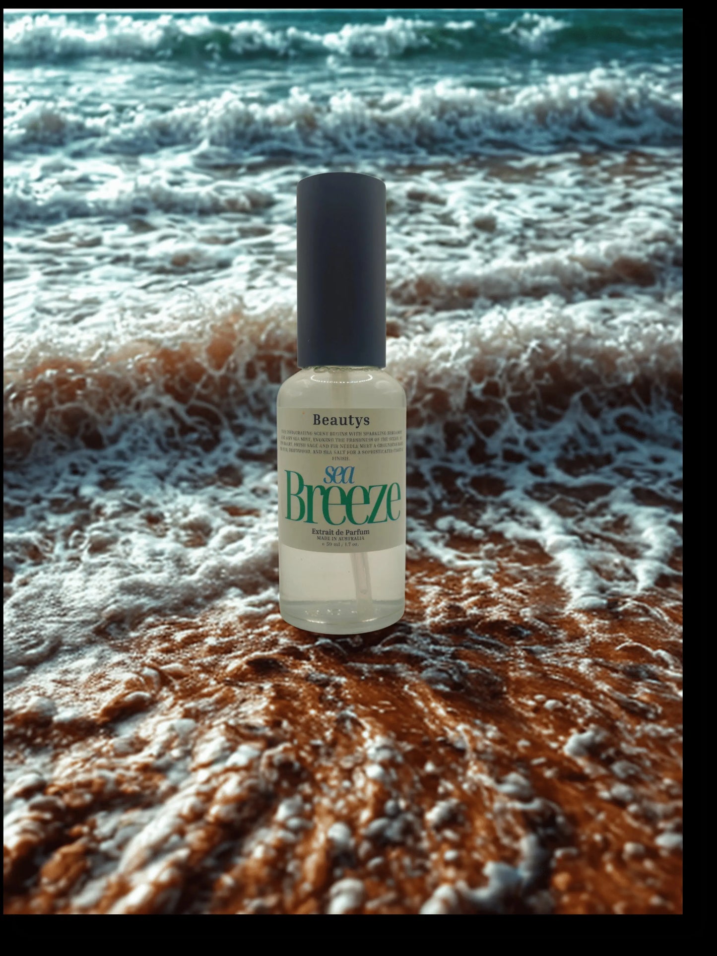 Sea Breeze Beautys skincare product in a sleek bottle, with a clear label and cap, against a plain background.