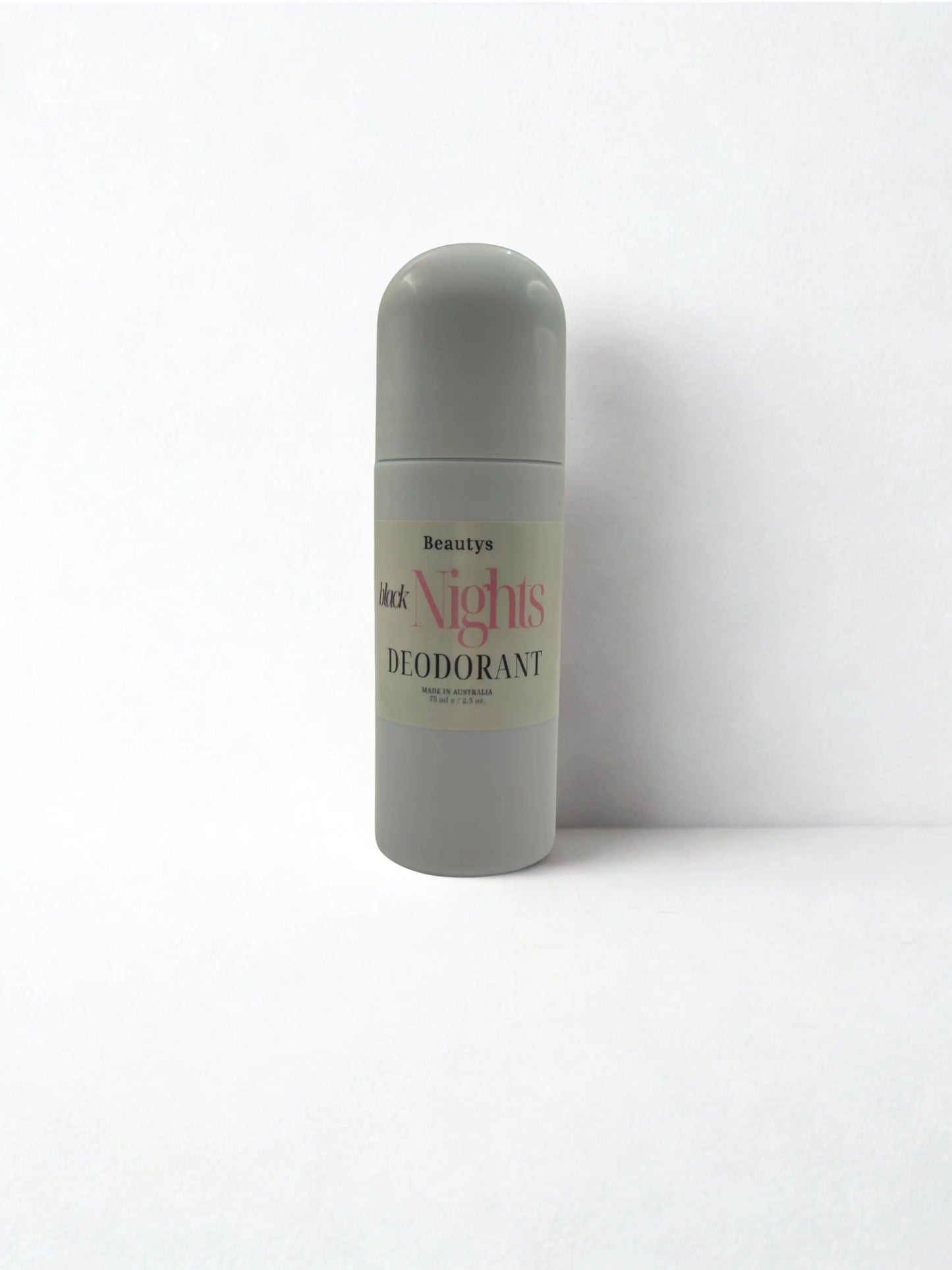 Beautys Black Nights roll-on deodorant bottle with black cap and label, designed for effective underarm odor protection.
