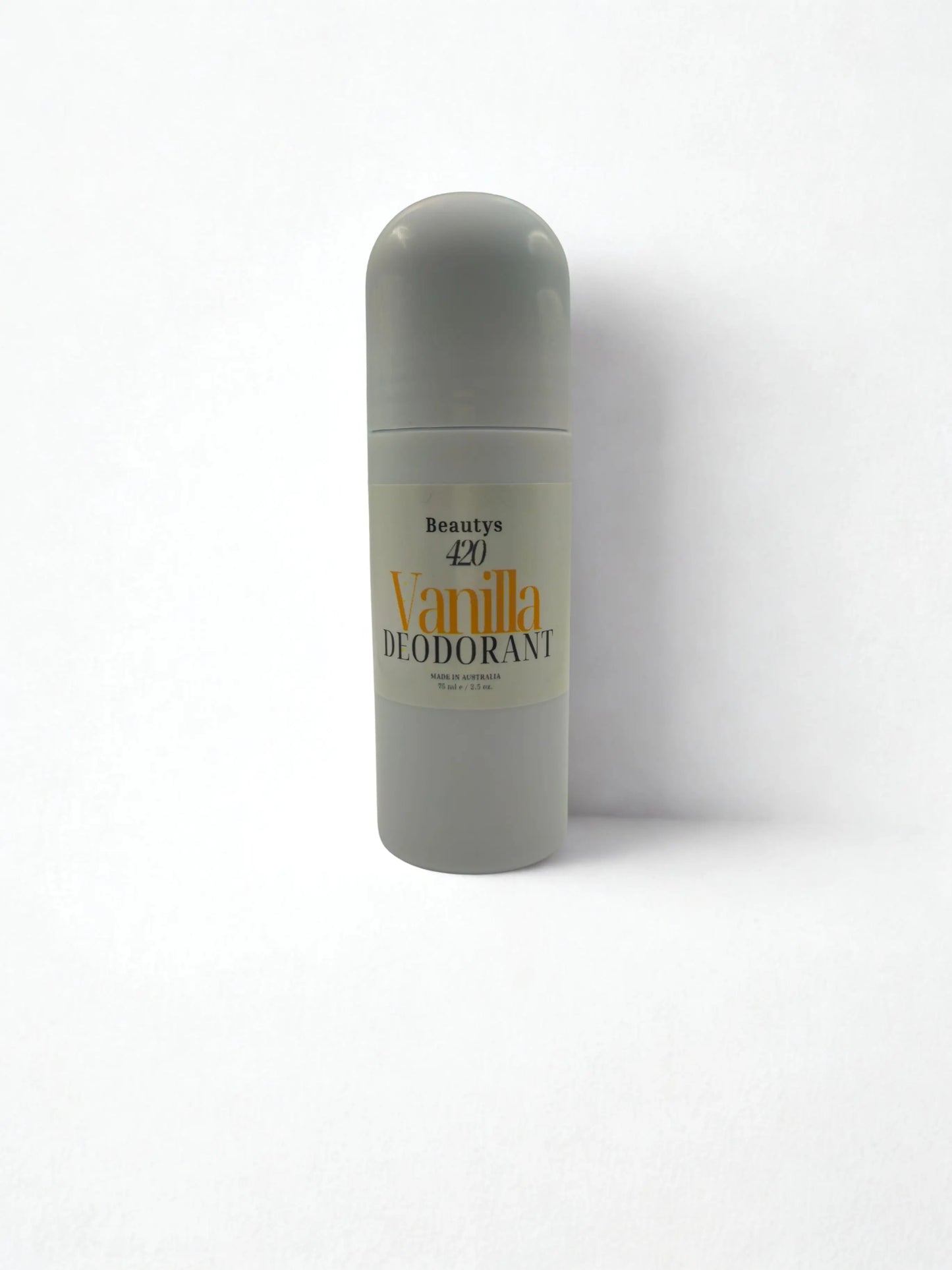 Beautys Vanilla 420 Roll-On Deodorant bottle with clear label and white cap, displayed against a plain background.