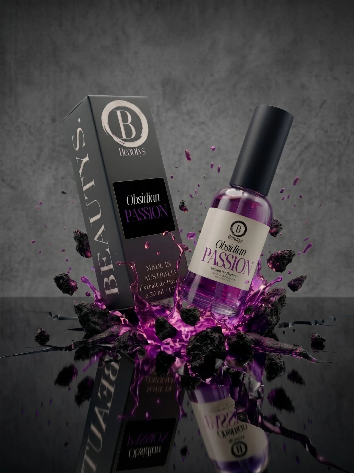 Obsidian Passion by Beautys, a sleek black perfume bottle with elegant design, set against a neutral background.
