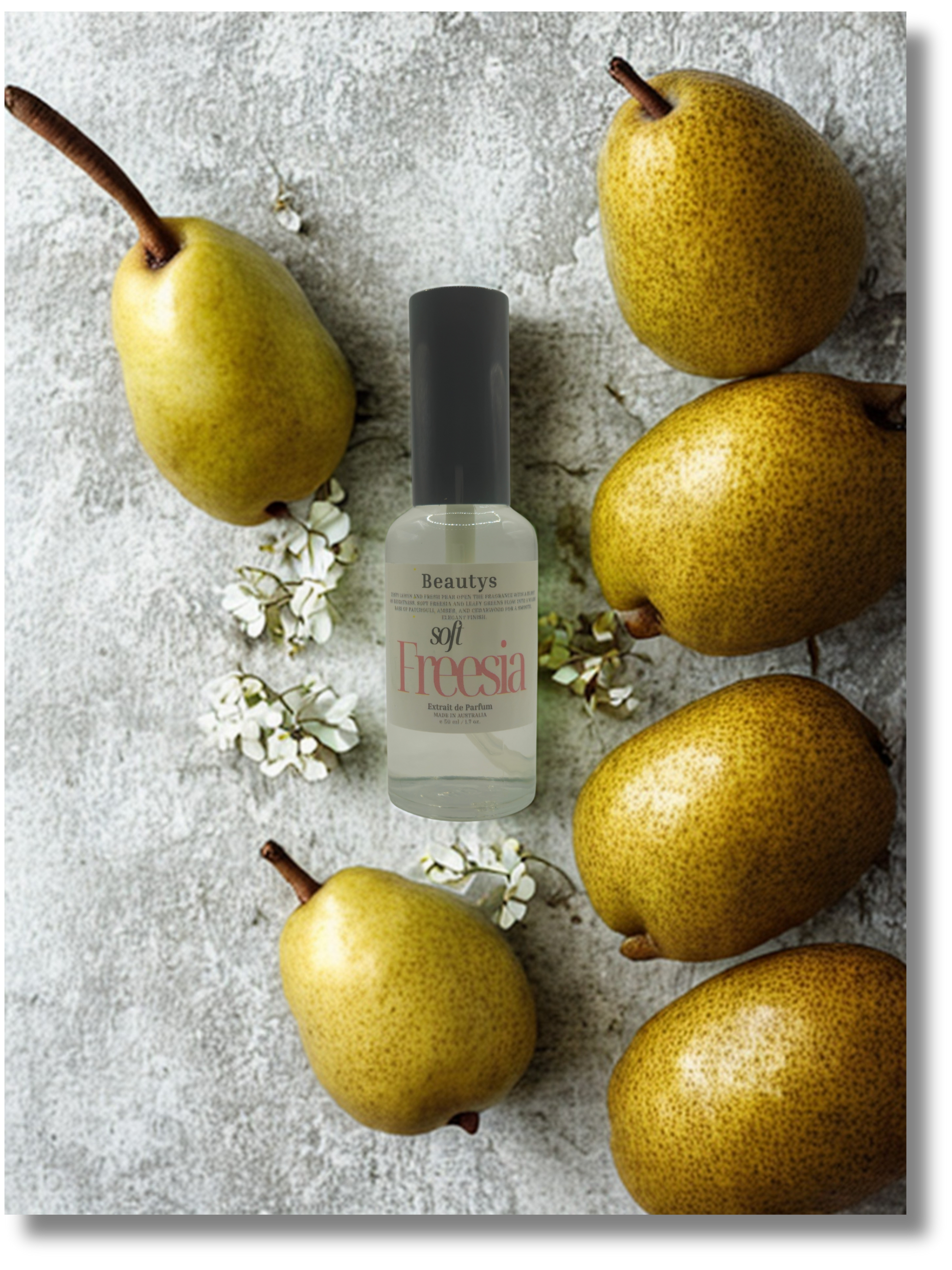 Beauty product bottle with pears and flowers on a textured surface