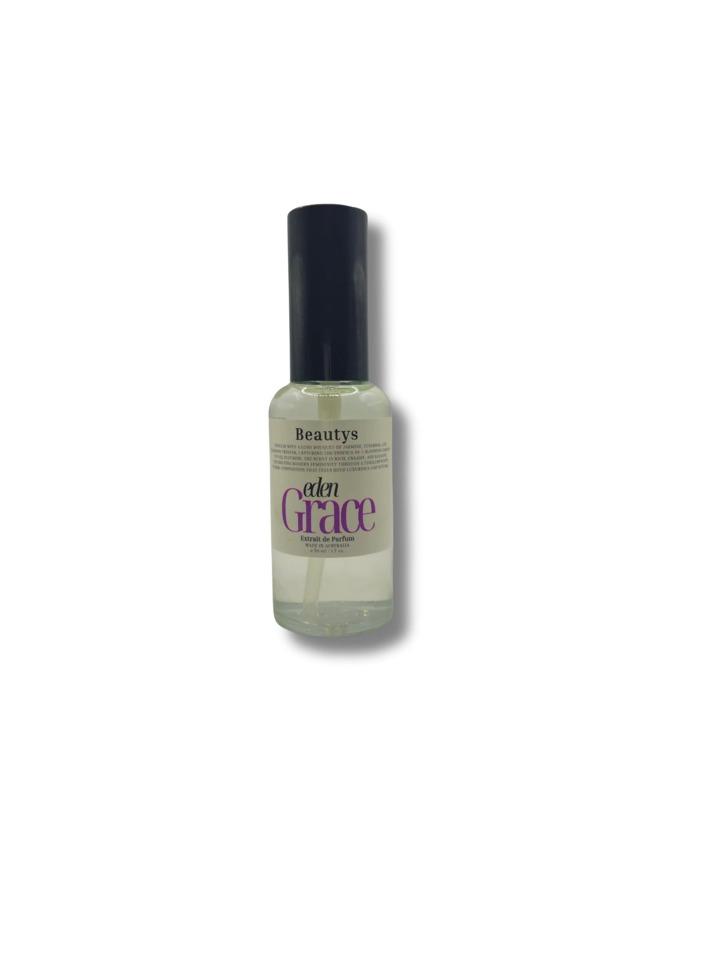 Close-up of Eden Grace perfume bottle, luxury artisan women’s fragrance with jasmine and tuberose.