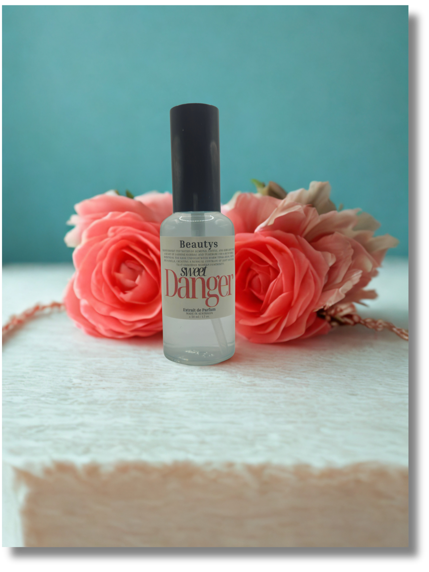 Sweet Danger perfume bottle by Beautys Tasmania, handcrafted luxury fragrance for women.