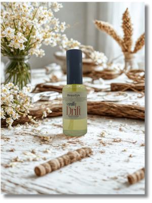 Close-up of Vanilla Drift Perfume label showcasing elegant handcrafted design.