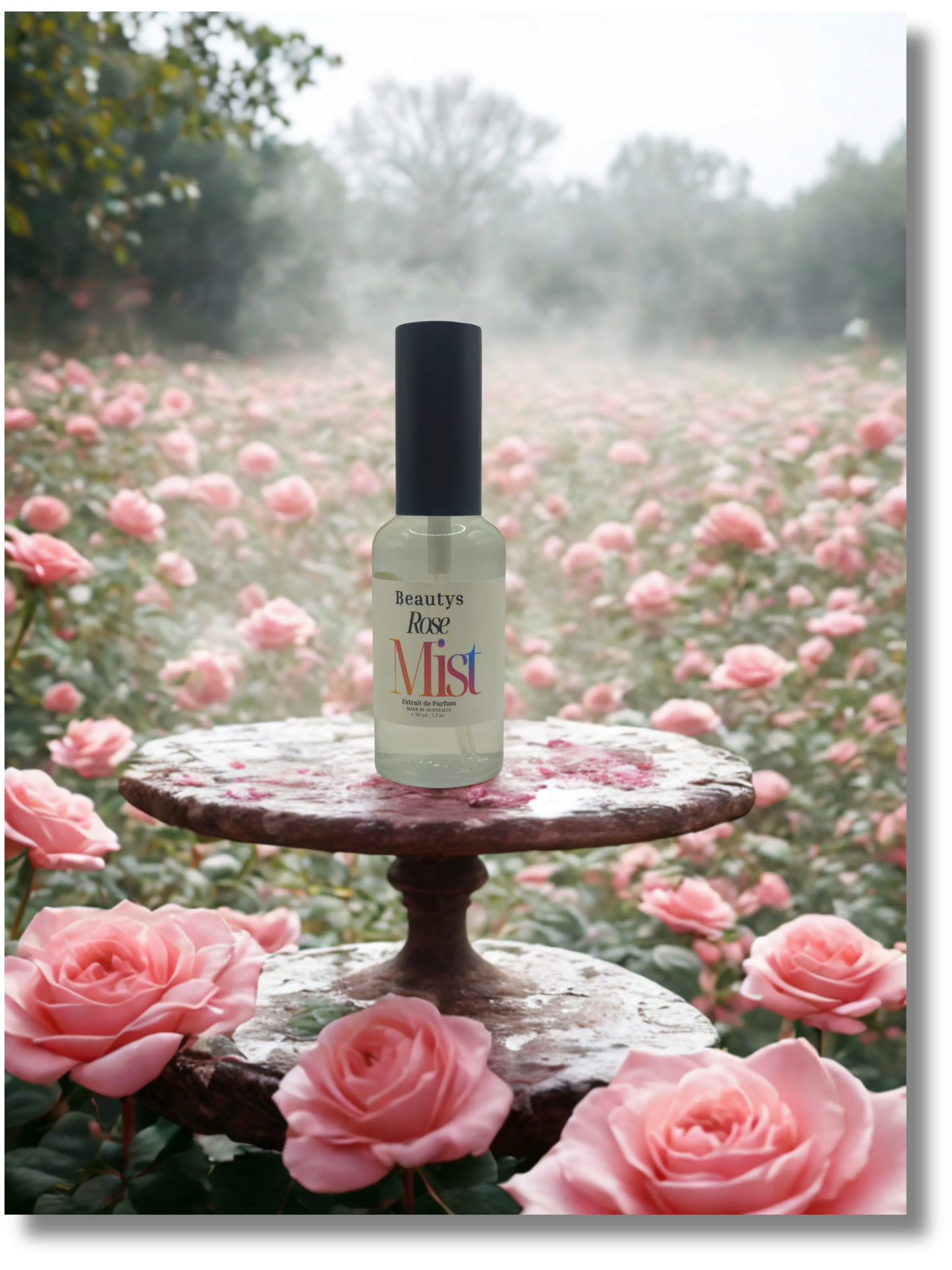 Beautys Rose Mist in a clear spray bottle, featuring fresh rose petals and floral design on the packaging.