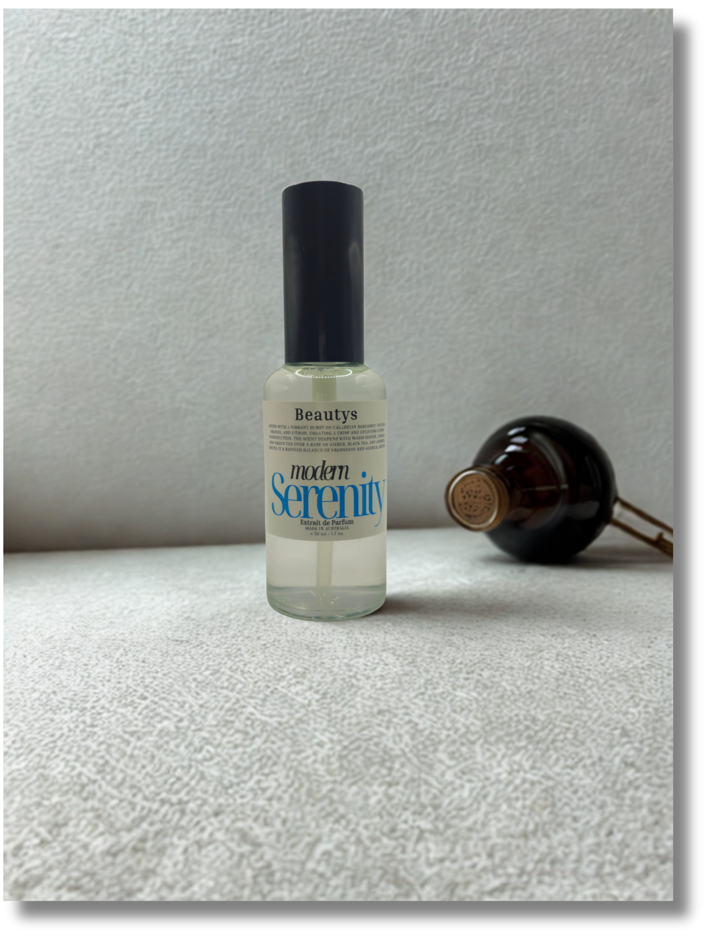 Modern Serenity cologne Beautys Tasmania, handcrafted men’s fragrance with citrus and amber woods.