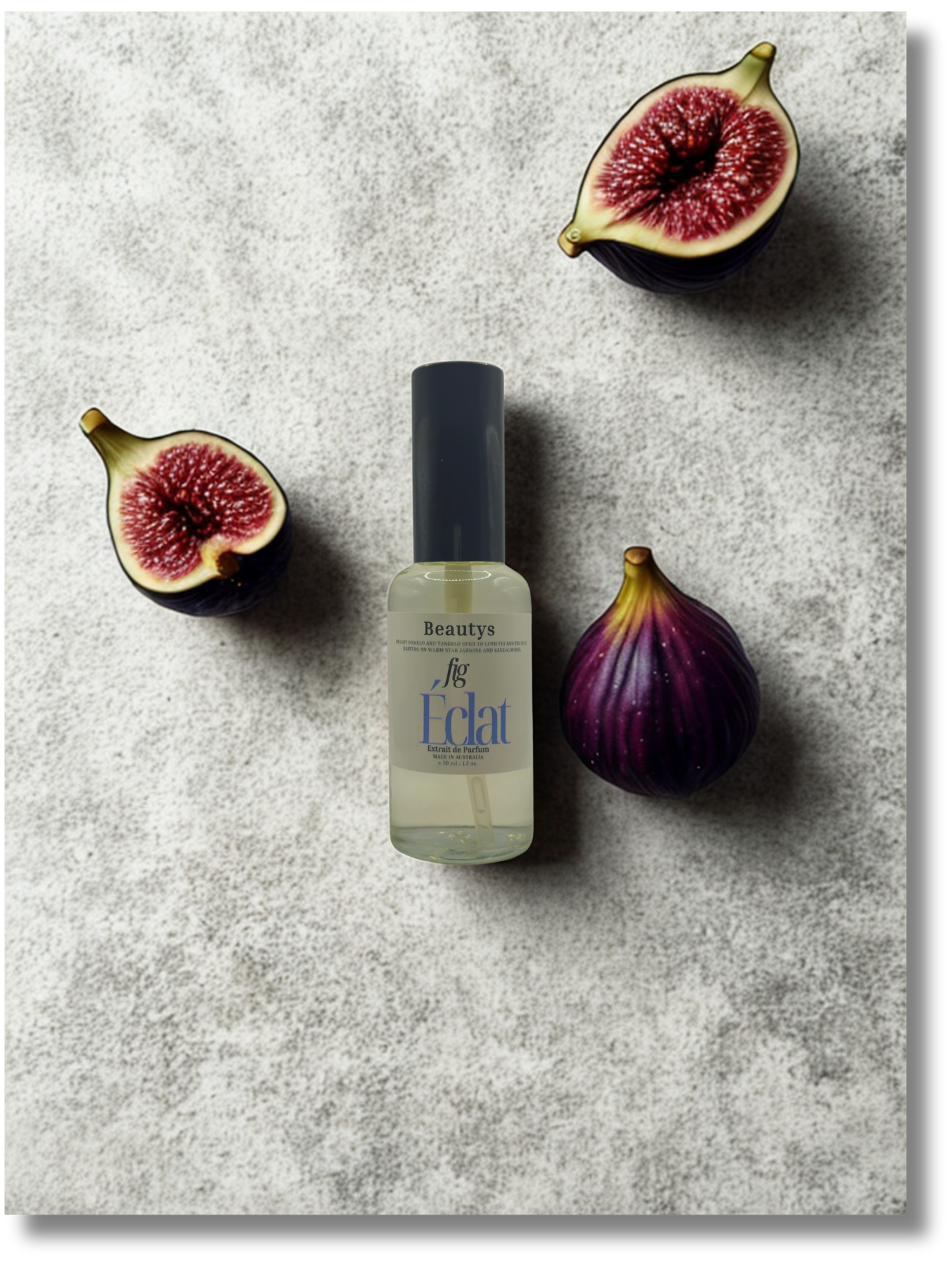 Beauty product bottle labeled 'Eclat' with halved figs on a textured surface