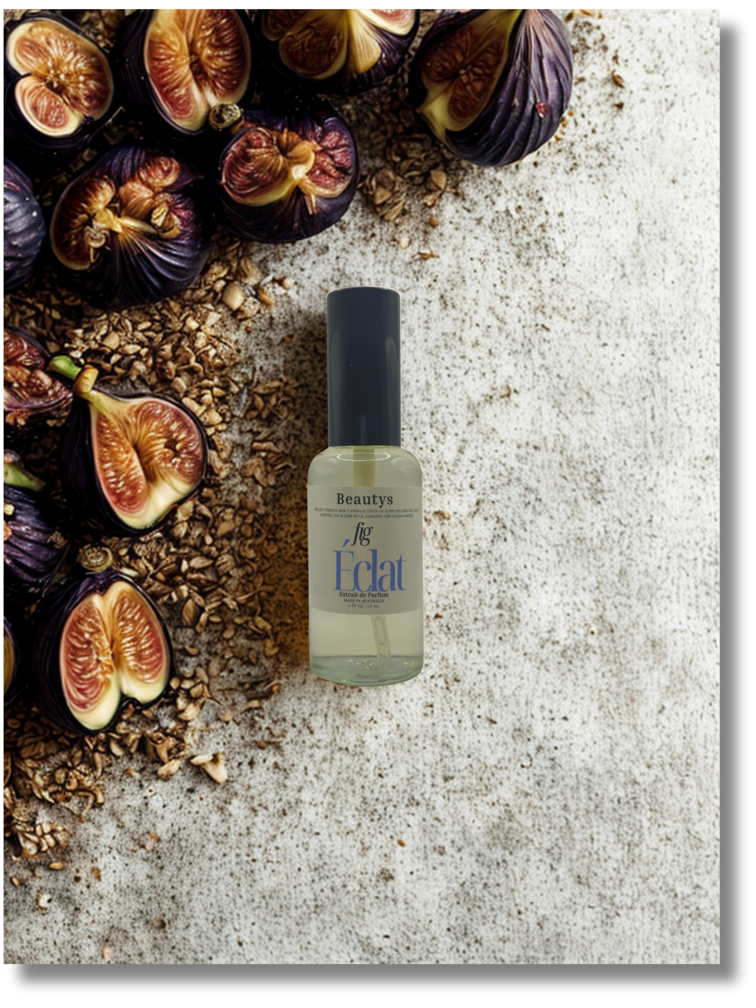 Bottle of 'Eclat' with figs and seeds on a textured surface