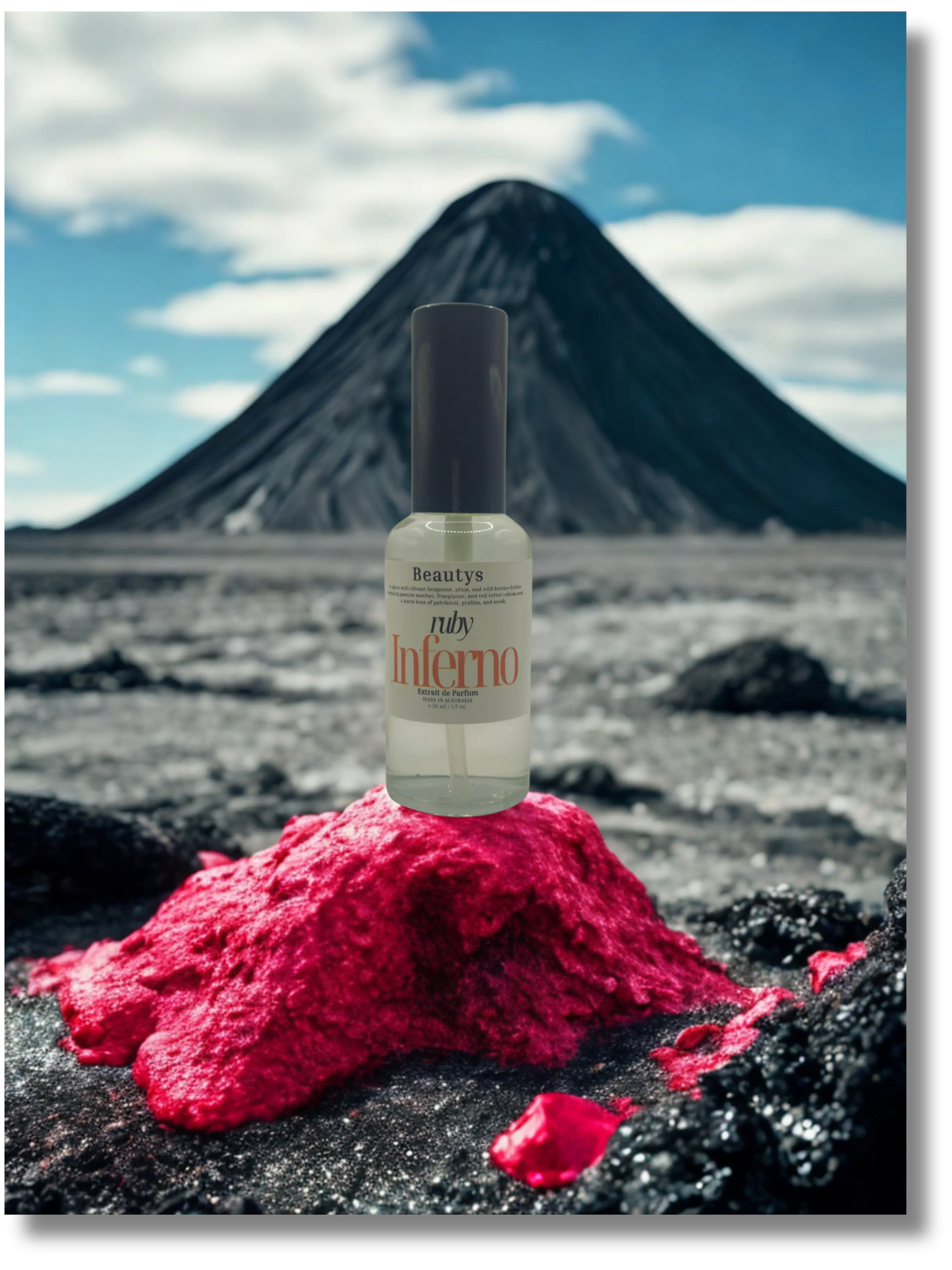 Beautys Ruby Inferno lipstick showcasing vibrant red shade in a sleek tube with gold accents.