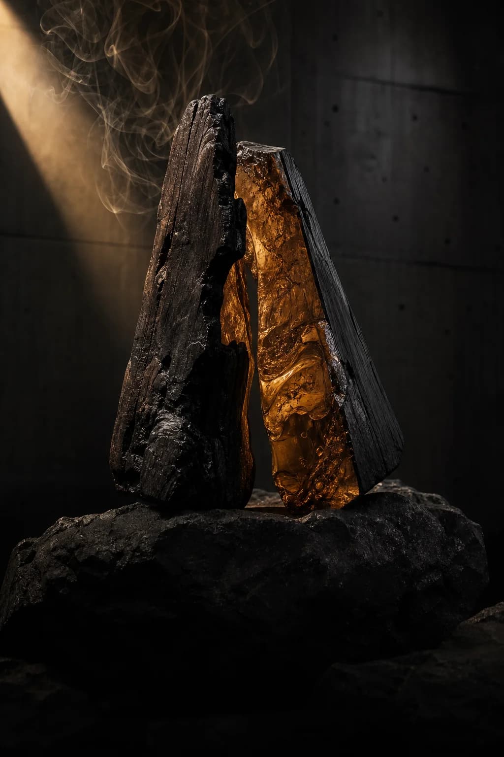 Dark timber grain and sculptural wood in cinematic shadow, evoking a woody scent character