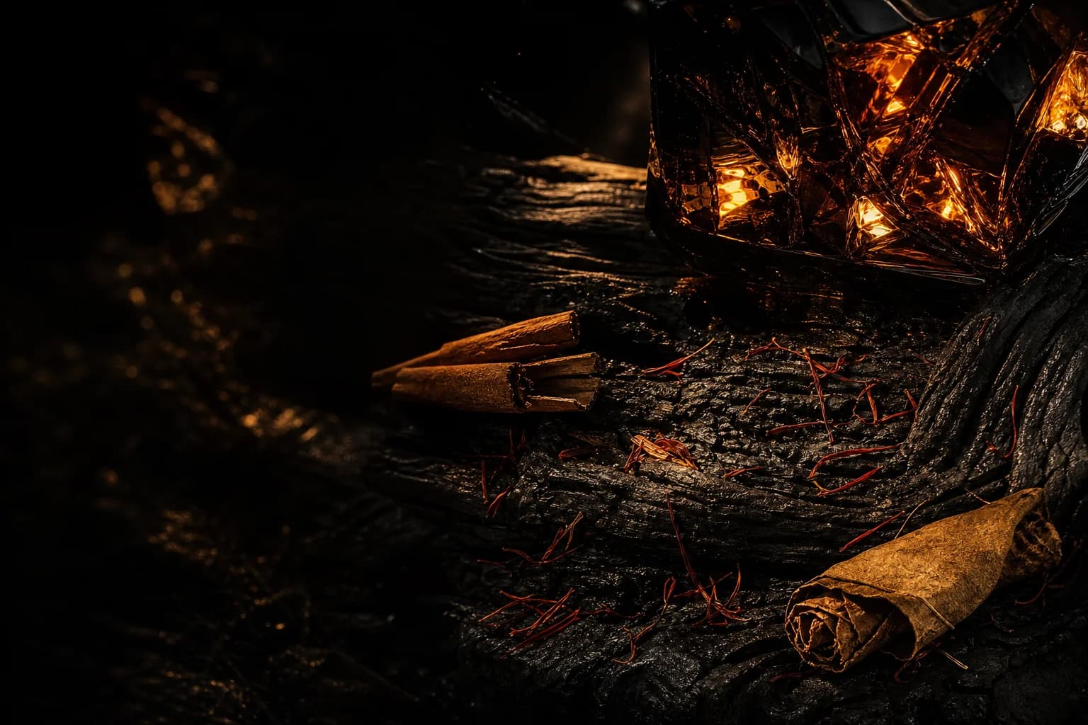 Cinematic scent study: amber reflections, tobacco, cinnamon and dark timber