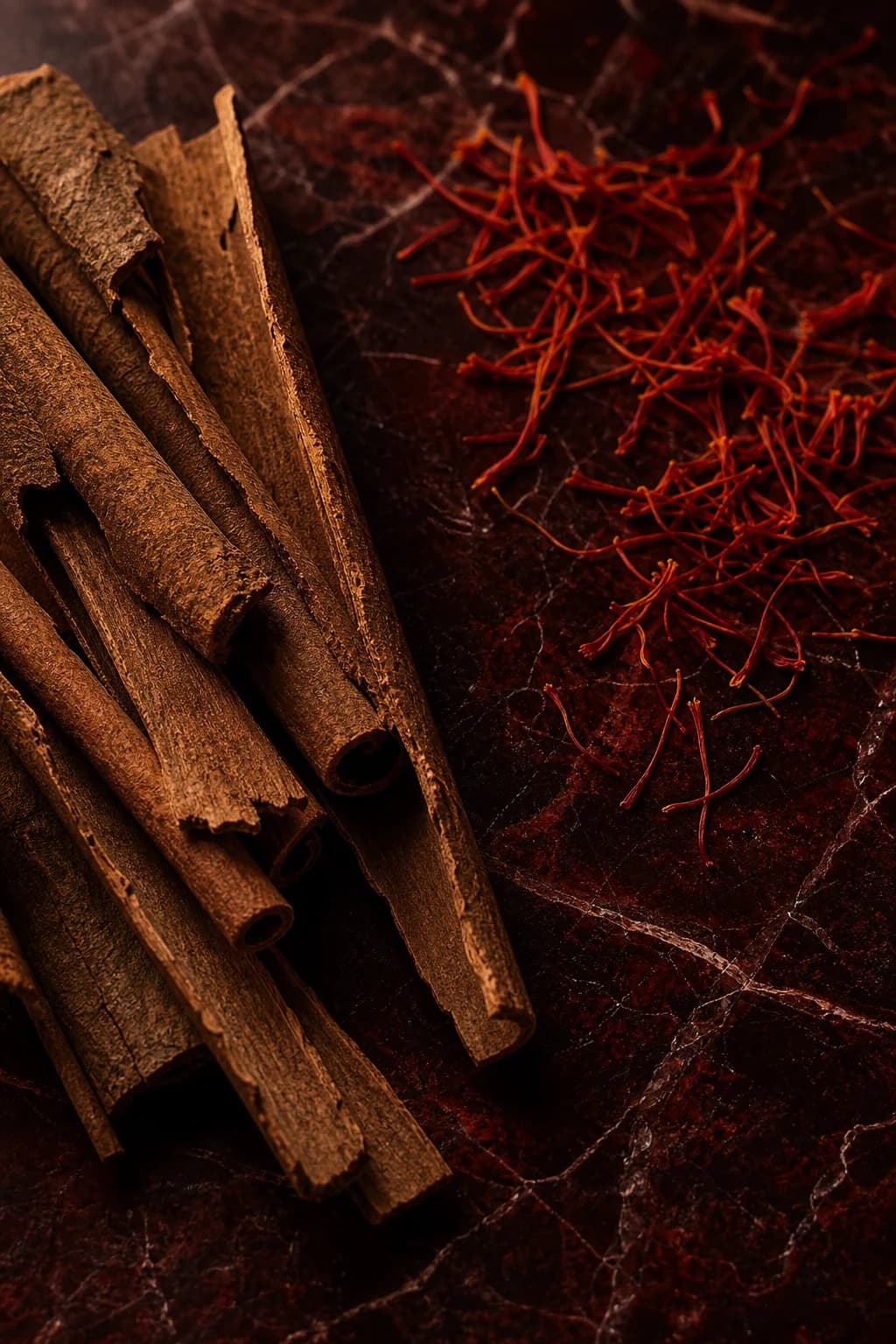 Cinnamon bark and saffron in rich side light, evoking a warm spicy scent character