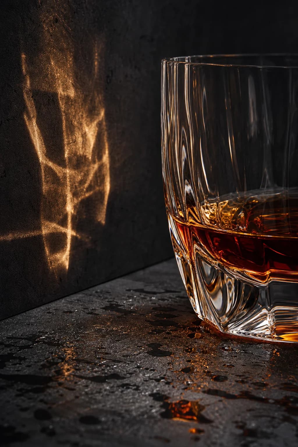 Amber rum and glass casting warm reflections on concrete