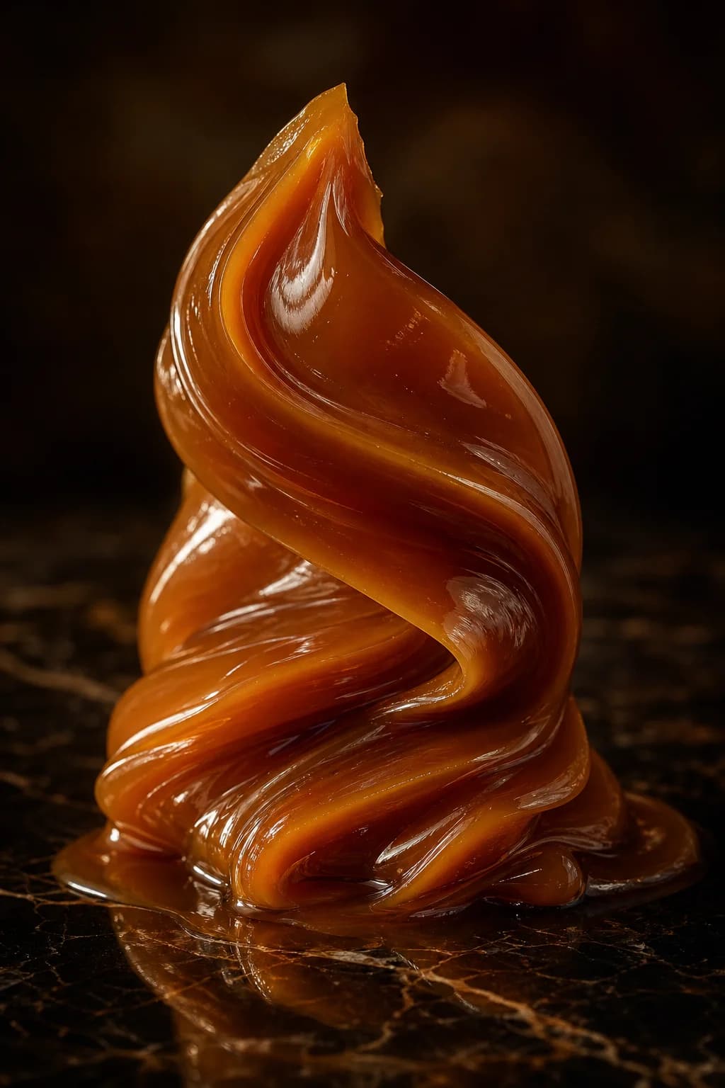 Glossy caramel ribbon on dark polished stone