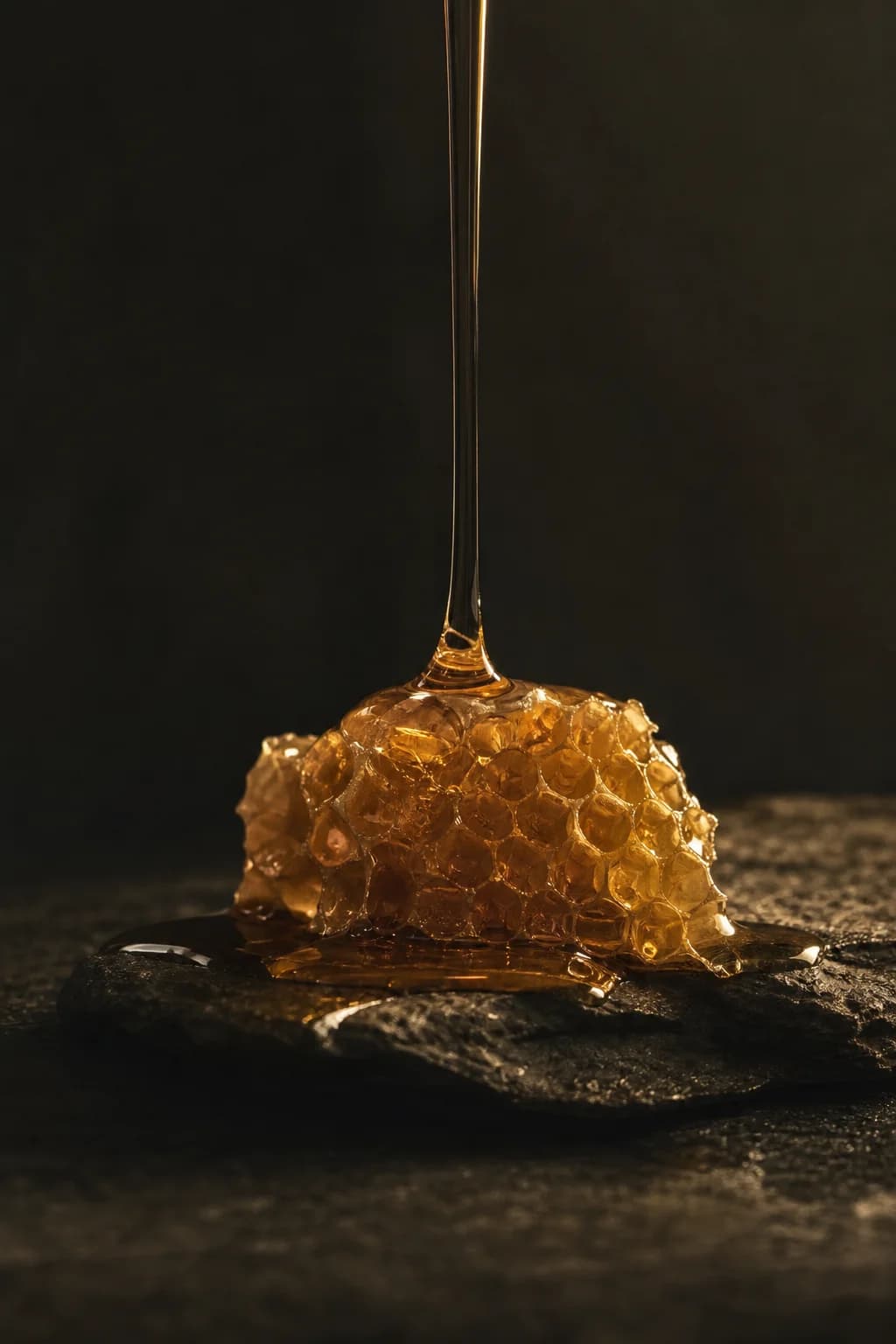 Golden honey over honeycomb in warm side light