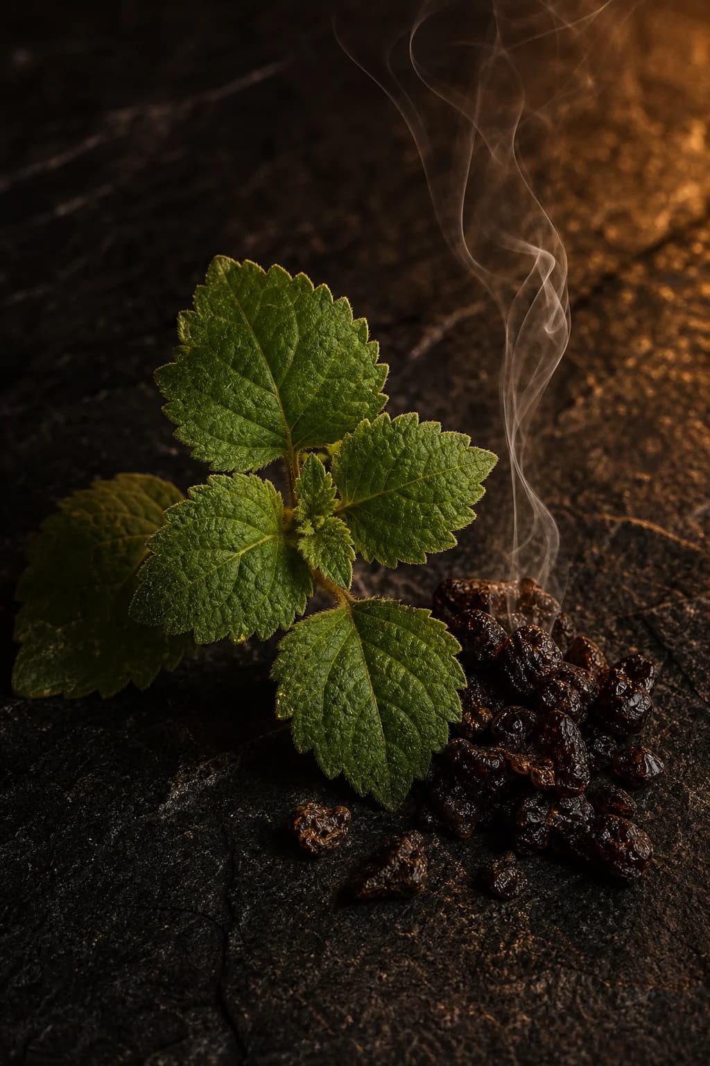 A delicate trail of incense smoke above resin and dark botanical texture, evoking a smoky scent character