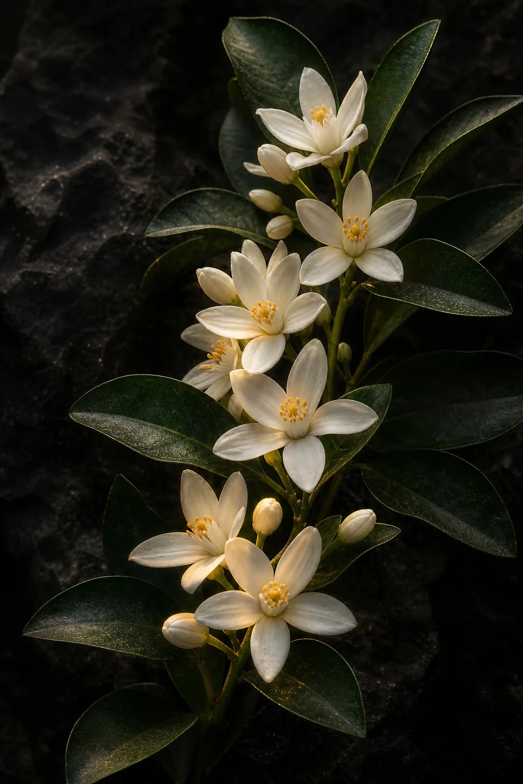Orange blossom flowers and green leaves in cinematic light