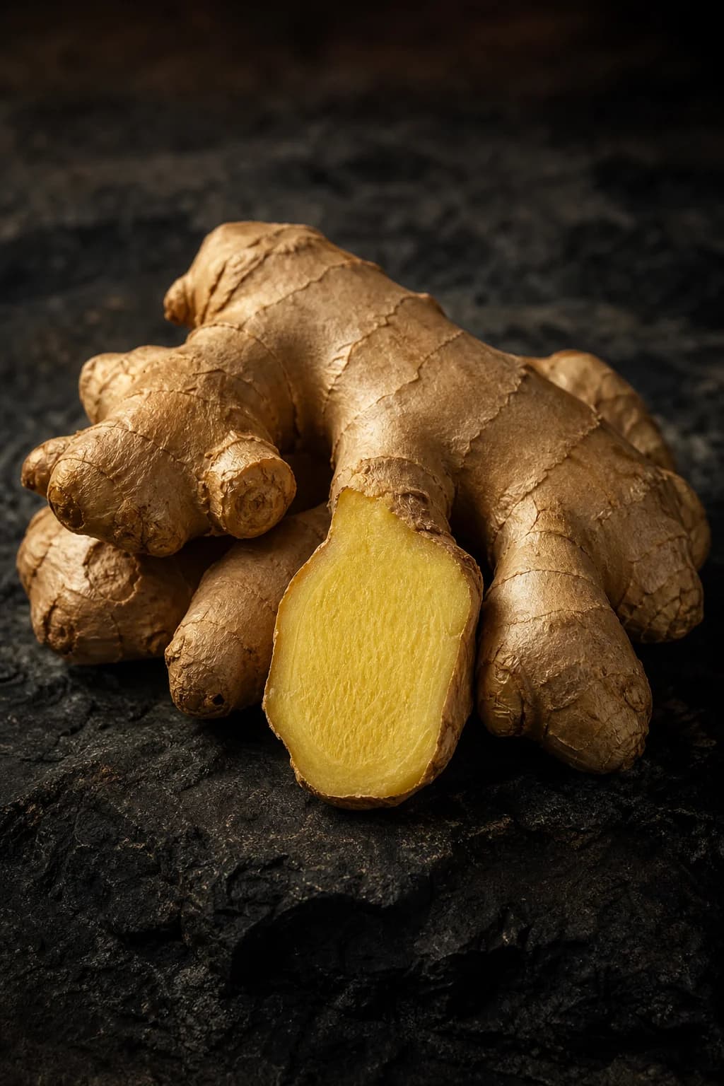 Fresh ginger root and a golden fibrous slice